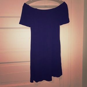 Black off-the-shoulder slinky dress